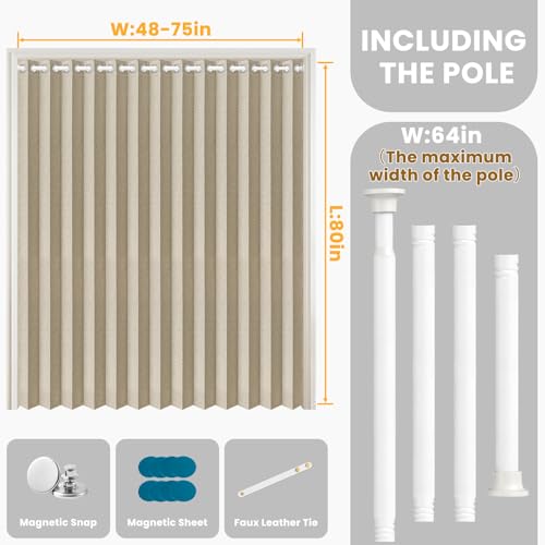 Image of AJAZZ Blackout Accordion Door with Curtain Rods Adjustable 28-63 inch Long, Invisible Sliding Glass Door Curtain for Bedroom Living Room Doorway Curtain Set, 1 Pack, W72 x L80 in, Cream Yellow