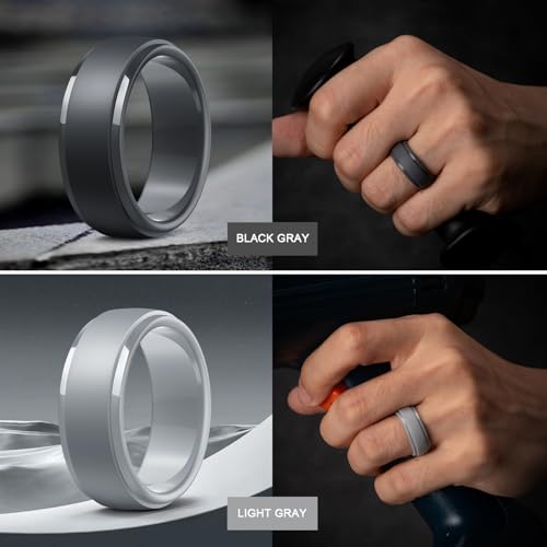 Image of Egnaro Men's Silicone Wedding Rings: Classic Black Step Edge Rubber band 10mm Wide 2.5mm Thick- Hypoallergenic for Gym /Outdoor /Gift(1 /4 /7 Variety Pack with Half Size)