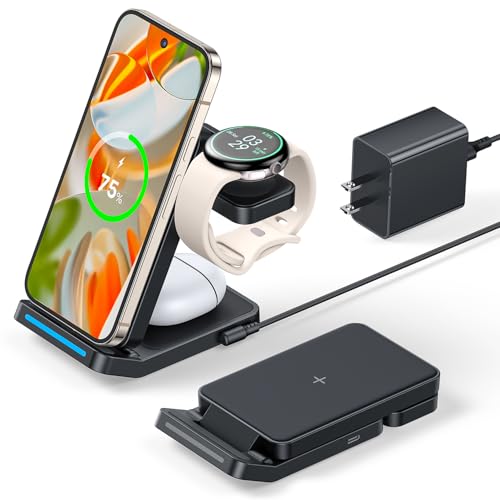 3 in 1 Foldable Wireless Charger for Pixel Watch 1st(Not for Pixel Watch 4/3/2), 15W Fast Charging Station Stand for Pixel 10 Pro XL/9/8/7/6 Pro and Buds with Adapter, Black
