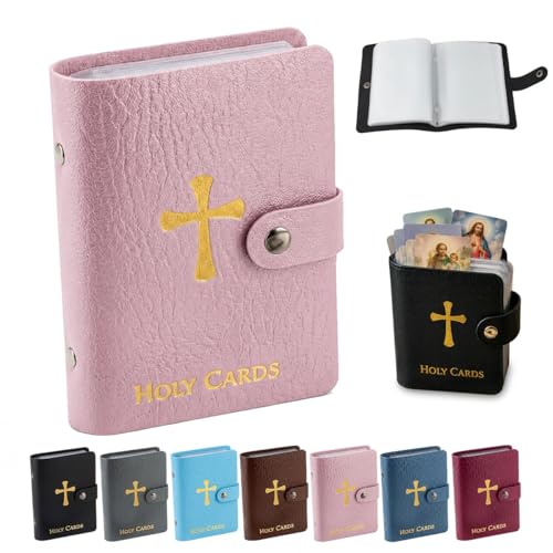 EMZHMLB Catholic Prayer Card Holder Genuine Leather Holy Wallet Pocket Prayer Card Organizer with Snap Closure with 40 Sleeves Album Book Religious Spiritual Gift Traveling Display Protectors(Pink)