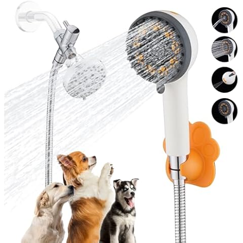 Dog 8.2Ft Shower Attachment to Shower Head Washing, High Pressure& Face Care Pet Wash Cleaning Sprayer with Bath Brush, Adhesive Shower Holder, Indoor Cover