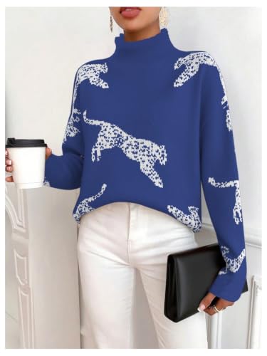 Image of WDIRARA Women's Leopard Tiger Print Sweater High Neck Long Sleeve Fuzzy Knitted Pullover Top