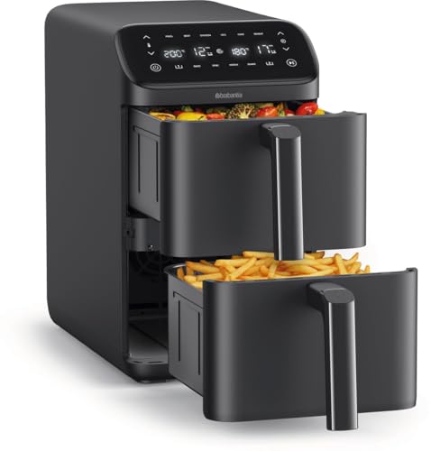 Brabantia Dubbele Airfryer, XXL, 10 Liter, 2700 Watt, 80ºC tot 200ºC, PFAS-Vrij, voor 10 Personen, 6 Kookprogramma's, Gestapelde Lades, Digitaal Touchscreen, Cool Touch Handgreep, Zwart, BBEK1240