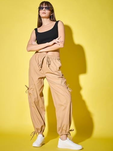 Image of DIMPY GARMENTS Solid Cotton Blend Women's Cargo Pants | Adjustable Tie-Side Cargo Pockets