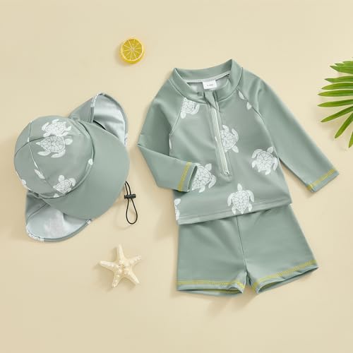 Toddler Baby Boys 3 Pieces Swimsuit Set Swimwear Dinosaur Shark Zipper Bathing Suit UPF 50+ Rash Guards with Hat2