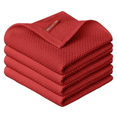 Artoid Mode Lot de 4 torchons de cuisine 100 % coton doux - Rouge gaufré - 34 x 34 cm - Lavables et absorbants - Pour le nettoyage de la cuisine