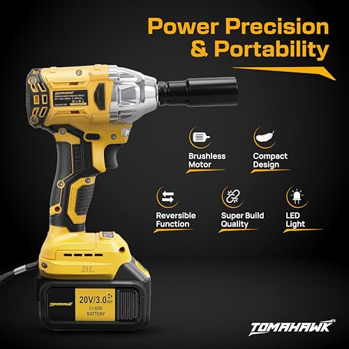 Image of Tomahawk T8582 20V Brushless Cordless Impact Wrench T8582, 300Nm Torque, inch Square Drive + inch Hex, 2x3.0Ah Batteries, LED Light, Heavy Duty Professional Tool