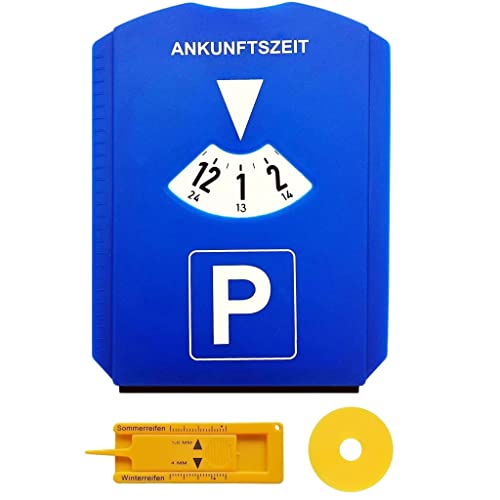 FLY DESIGN Parkscheibe für Auto und LKW mit Eiskratzer, Gummilippe, Einkaufswagenchip, Reifenprofilmesser | Parking Disc aus Kunststoff