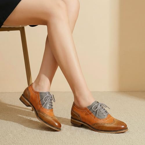 Image of Mona flying Womens Leather Wingtip Oxfords Brogue Shoes Lace-up Flats