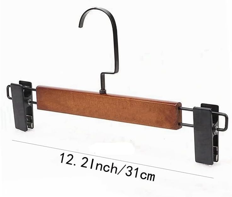 Miniatura 5 de Paquete de 10 perchas de madera maciza para pantalones, faldas y pantalones, de madera maciza con 2 clips ajustables, ganchos de clip para