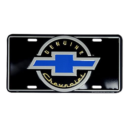 Tromic USA Chevy Blue Bowtie On Black 6" x 12" Embossed Aluminum License Plate