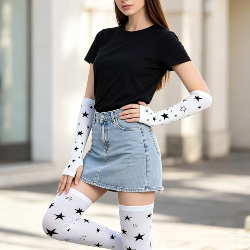 Image of YELAIVP Over Knee Rainbow Thigh High Socks Gloves Set Cosplay Accessories Arm Leg Warmers for Girls