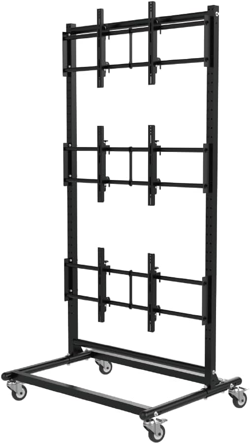 55-60" Mobile 1x3 Triple Display Mount with Wheels, Heavy Duty VESA 800x400 Video Wall Bracket System