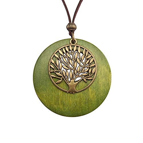 GelConnie Wood Pendant Necklace Bohemian Necklaces Tree of Life Vintage Long Necklace Chunky Boho Necklaces for Women