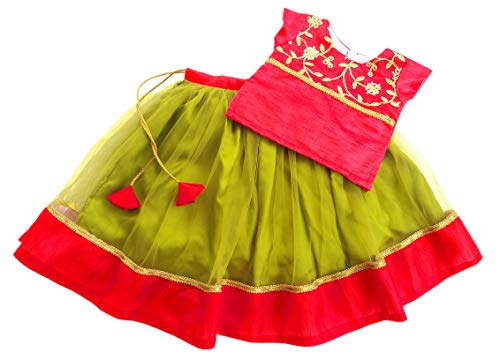 Image of Stanwells Kids Girls Pea Green & Red Lehenga Choli Set | Net Embroidered Ethnic Dress | Traditional South Indian Pattu Pavadai (3-6 Months)