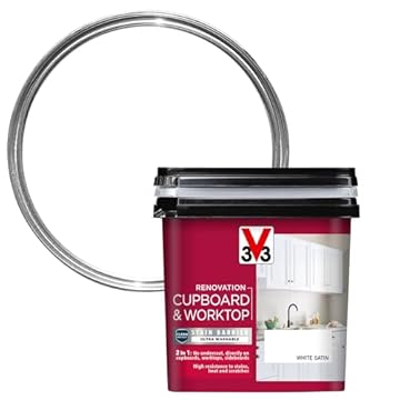 V33 Renovation Cupboard & Worktop Paint - No Undercoat Needed - High Resistance To Water Stains & Scratches - Ultra Washable - White Satin 750ml