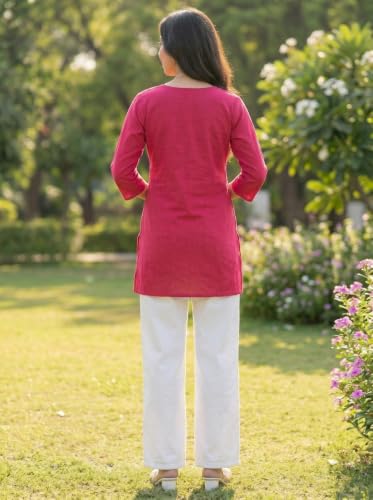 Image of Cotton Blend Embroidered Straight Kurta for Women | Cotton Blend | 3 /4 Sleeve | Round Neck V-Slit | Ethnic Wear Casual Wear