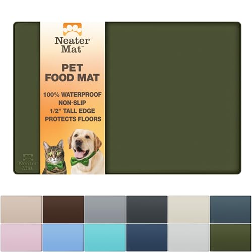 Image of Neater Pet Brands Neater Mat Pet Mats for Food and Water, Cat & Dog Bowl Mat Waterproof Silicone, Feeding Tray, Dog Food Mats for Floors, Placemat w /Raised Edge for Under Bowls, 19 inch x 12 inch, Olive