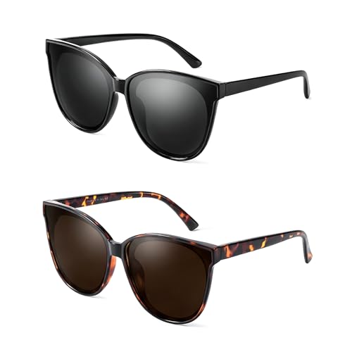 LVIOE Cat Eyes Sunglasses for Women Polarized UV400 Protection Oversized Frame Retro Sunglasses for Driving Fishing Outdoor 2PC