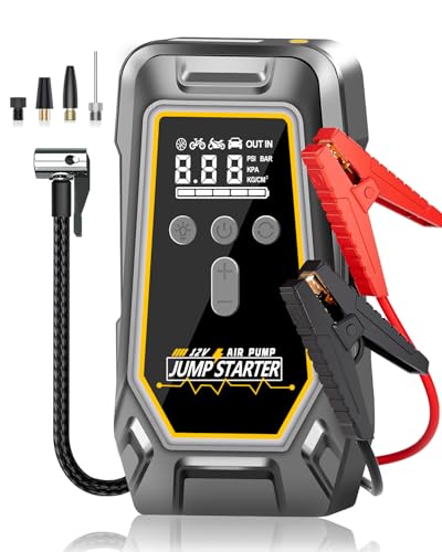 Jump Starter with Air Compressor - 3X Faster Inflation, 150PSI Portable Tire Pump for Car Tires with Digital Pressure Gauge, LED Light Cordless Pump for Car Starting, Motorcycle, Bicycle, Balls