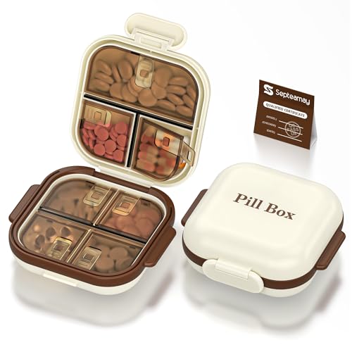 Septeamay Weekly Pill Box, Travel Pill Organiser 7 Day, Portable Tablet Organiser with 7 Compartments, Airtight Moistureproof Medication Organizer for Vitamins, Supplements & Medicine - Beige