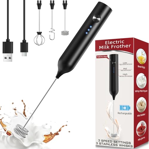 SmartTrends Milk Frother, Rechargeable & Handheld Frother Wand for Coffee, 3 Speed Adjustable Drink Mixer With 3 Stainless Whisks for Matcha, Lattes, Cappuccino, Egg, Electric Whisk Foam Maker (Black)