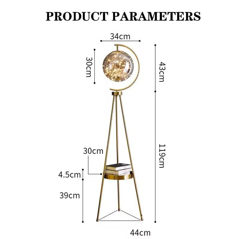 Image of blissbells Modern Tripod Floor Lamp with Glass Globe Shade, LED Fairy Lights, Gold Metal Stand, Storage Tray, 150 cm