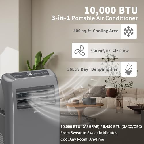 Image of Shinco 10,000 BTU Grey Portable Air Conditioner - 3-in-1 Cool /Dehumidifier /Fan for Rooms Up to 400 sq.ft, Remote Control & 24H Timer, Compact AC Unit for Bedroom /Office