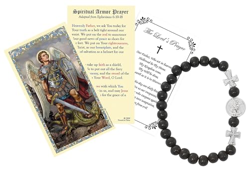 Saint Michael Bracelet - Laminated St Michael the Archangel Prayer Card, The Lord's Prayer Card - Stretchable Black San Miguel Arcangel Bracelet - Catholic Set - 3 Items