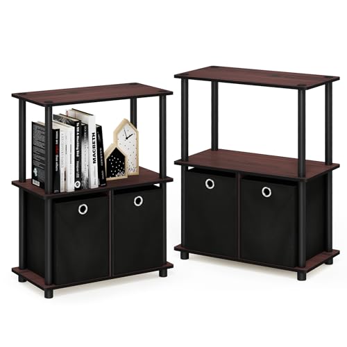Image of Furinno TURN-N-TUBE Storage Shelves Set of 2, 3-Tier Toolless Book Shelf with Storage Bins, Display Shelf, for Organization and Storage, Living Room, Garage, Home Office, Dark Cherry