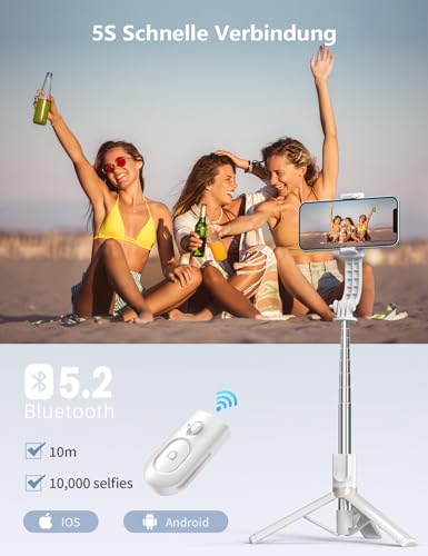 Selfie Stick mit Bluetooth Fernbedienung, Erweiterbarer Extra Lang Reisen Stativ für Smartphone, 360° Drehbare Handystativhalter Kompatibel mit Smartphones, Action-Kamera 4