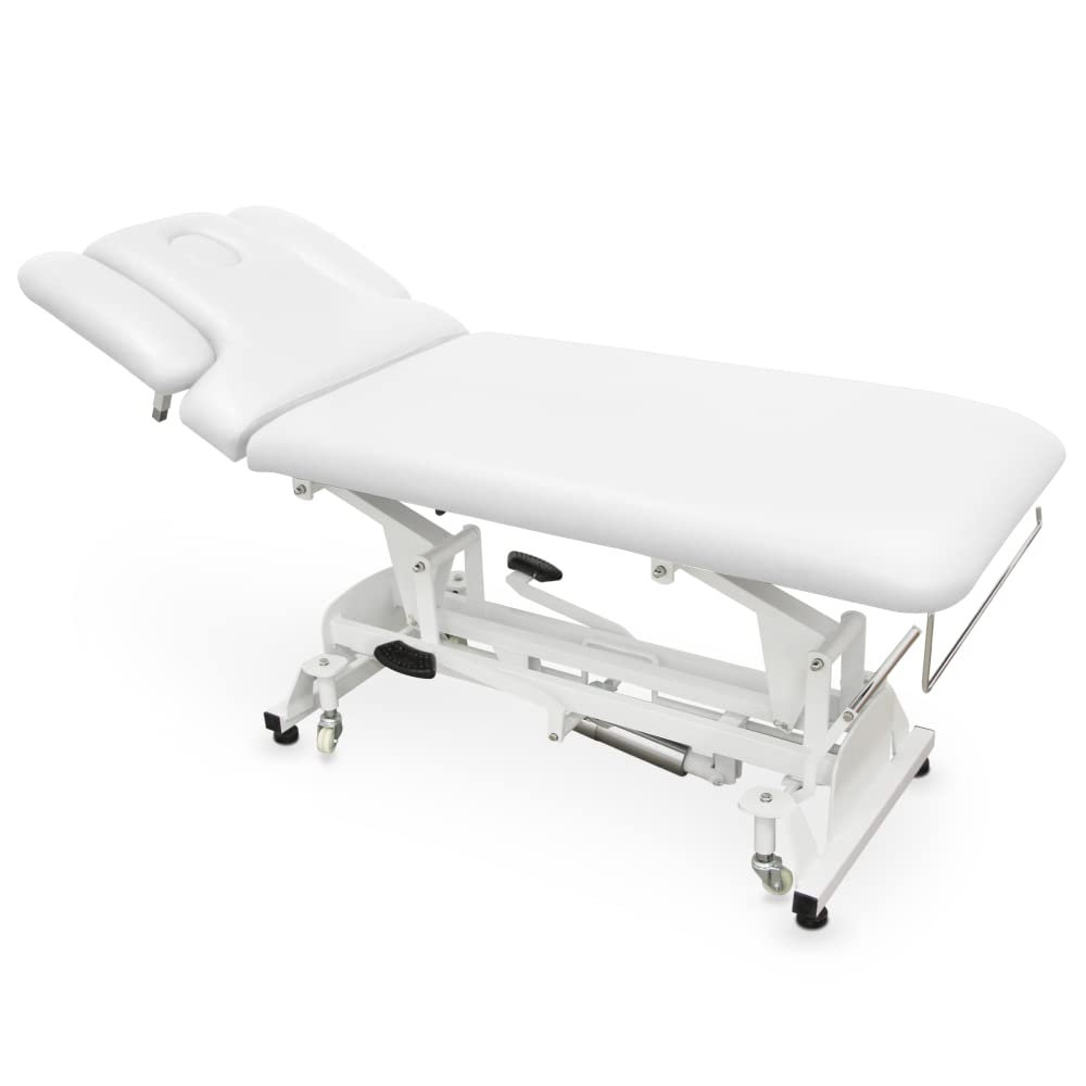 QUIRUMED Camilla hidráulica Fisioterapia, Pro, 2 cuerpos, Reposabrazos Regulables, Estructura de Acero Reforzado, 186 x 70, Ruedas escamoteables, Color Blanco, hasta 180 kg