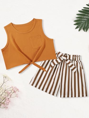 Image of Girls 2-Piece Summer Short Set, Textured Striped Crewneck T-Shirt and Casual Outfit for 5-14 Years