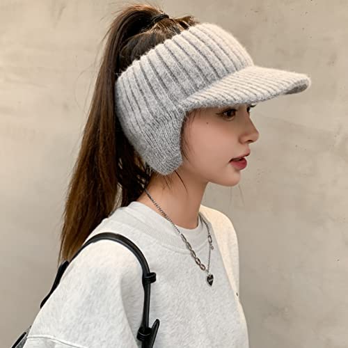 Image of Open Beanie with Earflaps Visor Brim Bun Ponytail Winter Golf Tennis Hats Women
