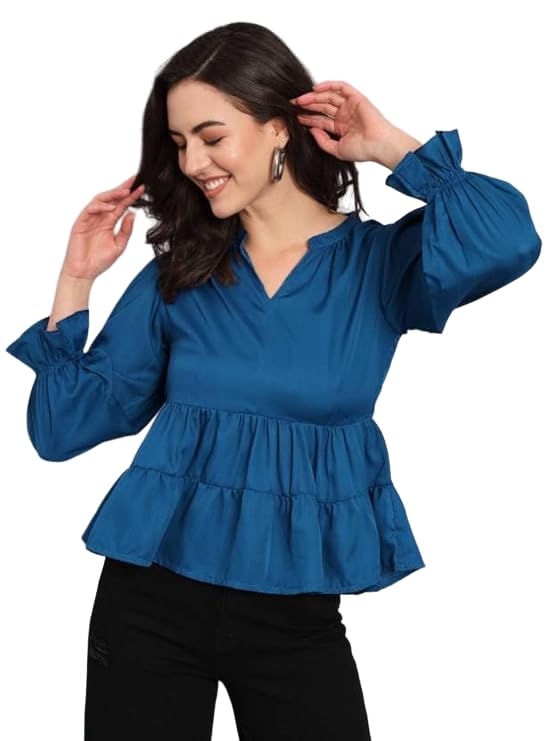 Image of THE DRY STATE Women's Rayon Casual Puff Sleeves Printed Multicolor Crop Top (S, Autumn Glory)