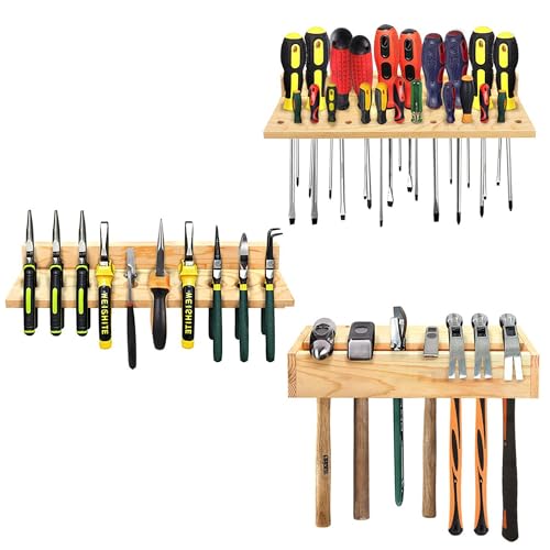 Goumthe 3 Pack Wall Tool Organizer Tool Rack,Screwdriver Organizer Wall Mounted Screwdriver Rack Wooden Plier Holder Hammer Rack Tool Trays Tool Storage Organisers for Garage Workshop