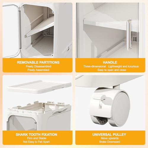 Image of 4-Tier Slim Tall Bathroom Cabinet, Plastic Narrow Cabinet with Doors and Shelves, Floorstanding Skinny Cabinets with Wheels