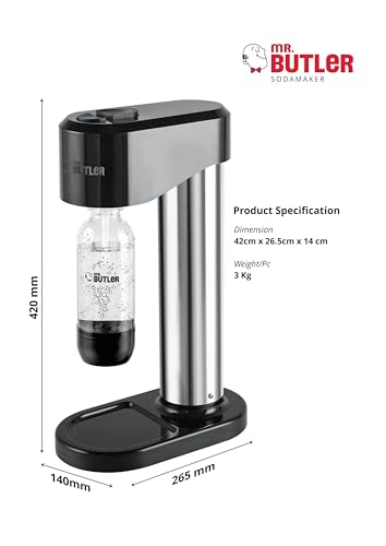 Image of Mr. Butler Instafizz Sodamaker - Jumbo Pack with 2 cylinders and 4 PET Bottles, Create Sparkling Water In Home Kitchen, Compact, Space Saving Design, Soda Beverage Carbonator, Silver & Black