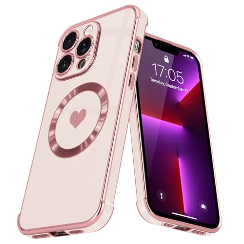 L-FADNUT Magnetic Case for iPhone 13 Pro Max Women Girls Luxury Plating Cute Love Heart Soft Back Cover Full Camera Lens Protection Compabtible with MagSafe for iPhone 13 Pro Max Case Pink