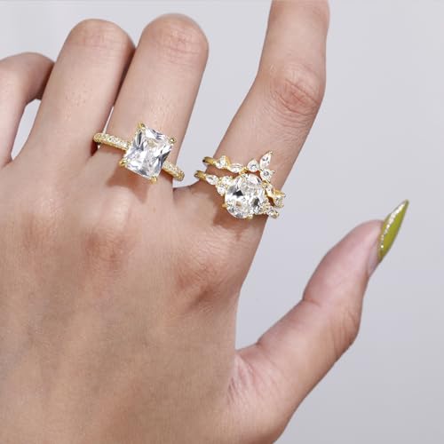 3ct Marquise Engagement Ring for Women 14K Gold Plated Stackable Wedding Rings Set for Her 4ct Radiant Pear Oval Cut Eternity CZ Wedding Bands Size 4-104