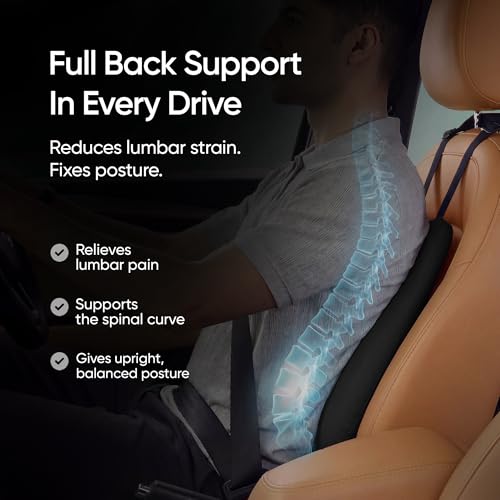 Image of Frido Premium Car Back Rest Cushion with Lumbar Support Pillow for Driving, Hi-Per Memory Foam Back Support and Luxe Leatherette Cover, Relieves Back Pain and Improves Posture for Long Drives | Black
