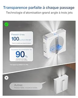 ECOVACS WINBOT W2S Robot de Nettoyage de vitres, Nettoyage Intelligent Bord à Bord avec Brosse TruEdge™, pulvérisateur d'eau 3 Jets, Protection 10 Niveaux, Planification de trajectoire Win-Slam 4.0