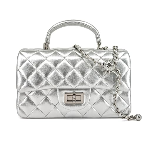 Image of M-ioi-M Small Quilted Crossbody Bag for Women, Genuine Leather Mini Shoulder Flap Purse with Gold Chain Strap & Top Handle