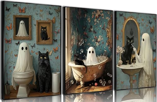 Affiches de fantômes d'Halloween et chat noir pour décoration murale de salle de bain et salon