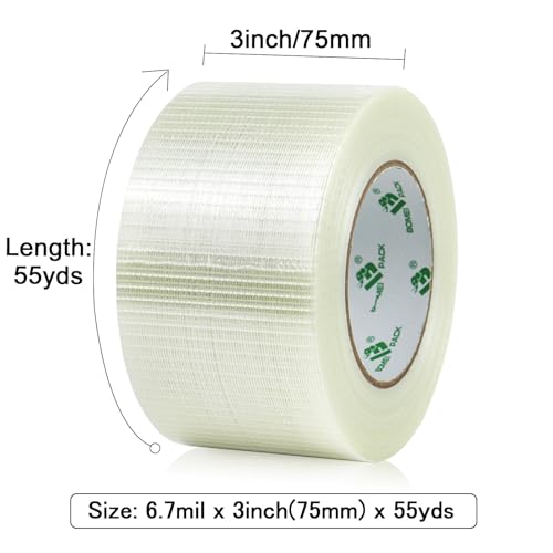 Image of BOMEI PACK Fiber Reinforced Packing Tape 3 inch, Wide Clear Heavy Duty Bi Directional Filament Strapping Tape 3Inch x 55yds 6.7Mil