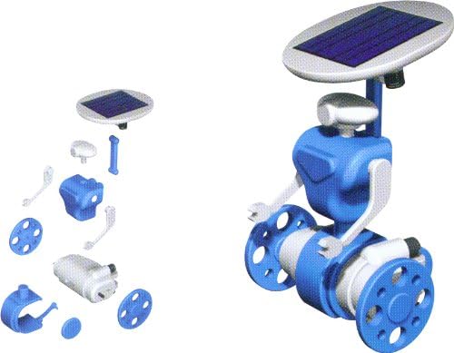 Disassembled and assembled views of the Solar Robot model, a two-wheeled robot with a solar panel on top.