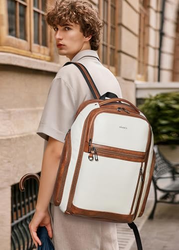 Shrrie Leather Backpack for Women, 17 Inch TSA Travel Backpack with USB Charger, 48L Expandable Large Capacity Computer Backpack Purse for Work Business Travel, Beige