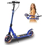 ZQHQKJ Adult Scooter for Kids, Teens, and Adults, LED Big Wheels Scooters with Hand Brake & Shock Absorptio, Sport Folding Kick Scooter, 4 Adjustable Levels. Bearing ABEC9, Max Load 240 LBS.,Blue