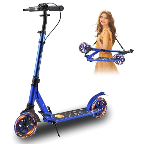 ZQHQKJ Adult Scooter for Kids, Teens, and Adults, LED Big Wheels Scooters with Hand Brake & Shock Absorptio, Sport Folding Kick Scooter, 4 Adjustable Levels. Bearing ABEC9, Max Load 240 LBS.,Blue