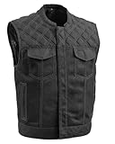First Mfg Co Upside Men's Moto Mesh Vest: 2.5' shorter, Cordura & Moto Mesh, club style, 1' collar, covered snaps, hidden zipper, diamond stitching, concealed carry, mesh liner, YKK zippers